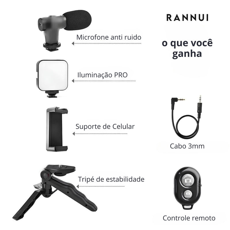 Kit Rannui Criador Pro: Suporte de Celular, Câmera, Tripé, LED e Microfone